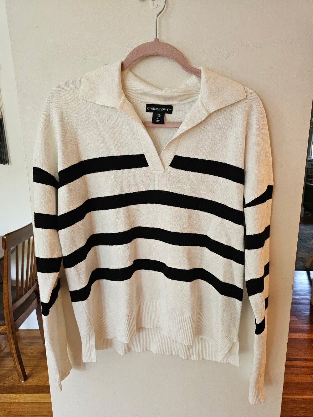 Cynthia Rowley Black & Off-white Striped V-Neck Collared Sweater